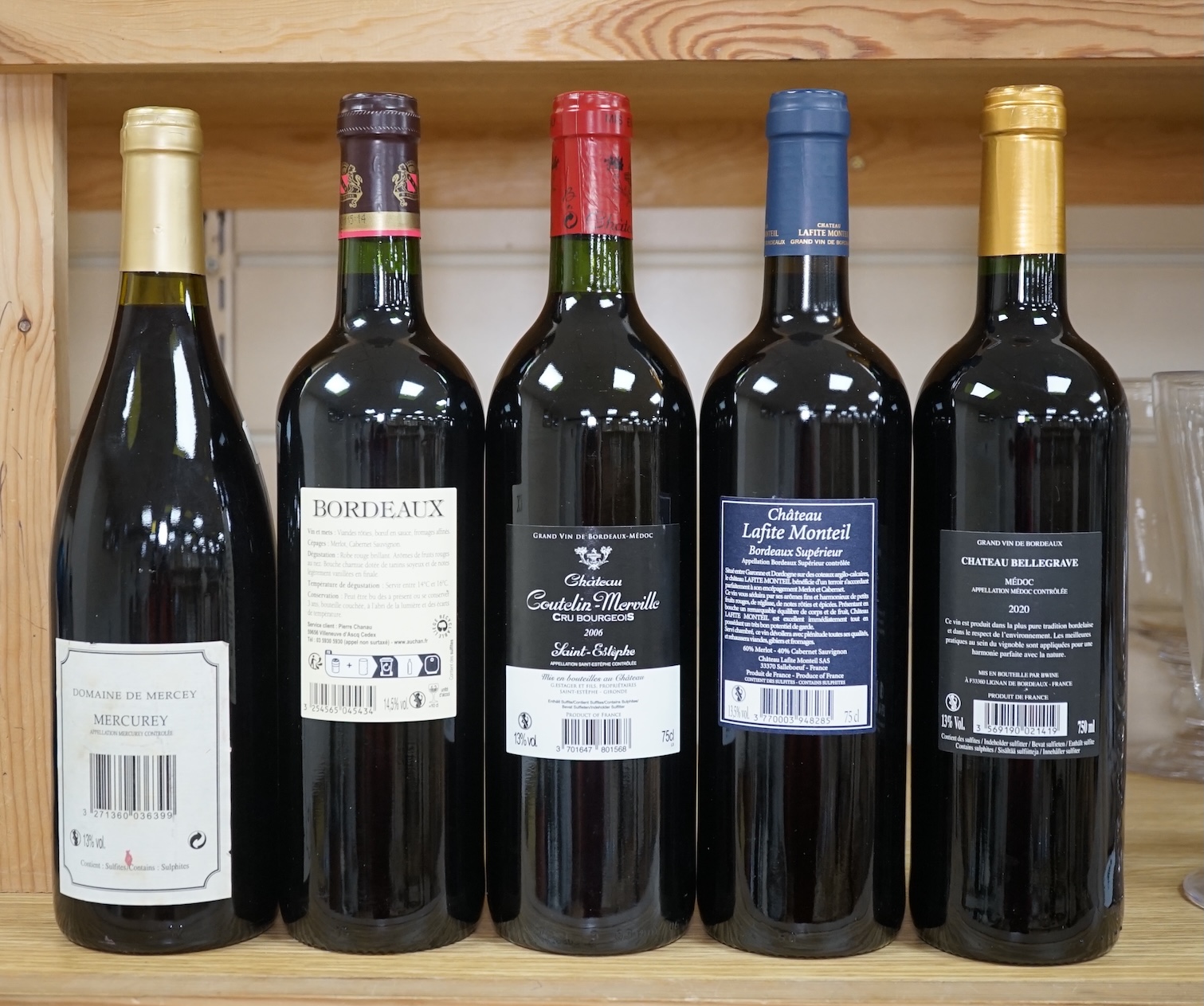 Five bottles of wine to include Chateau Conteha-Merville 2006 and Domaine De Mercey 2005. Condition - fair, storage history unknown